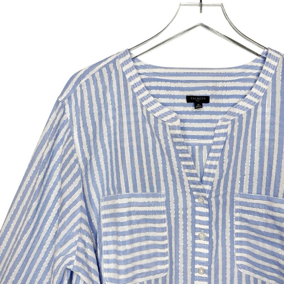 Talbots Seersucker Blue Stripe Metallic Lurex Side Button Women’s Tunic Sz 3X - Picture 3 of 11